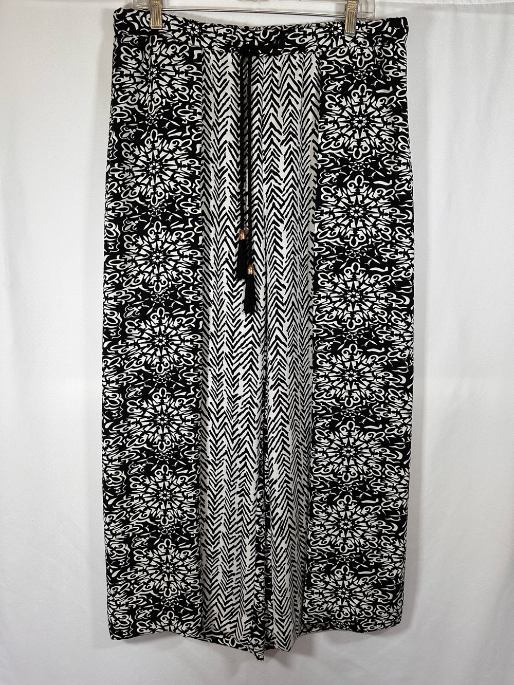 Chico's Mixed Print Wide Leg Palazzo Pants Black‎ White Size 2 Large Drawstring